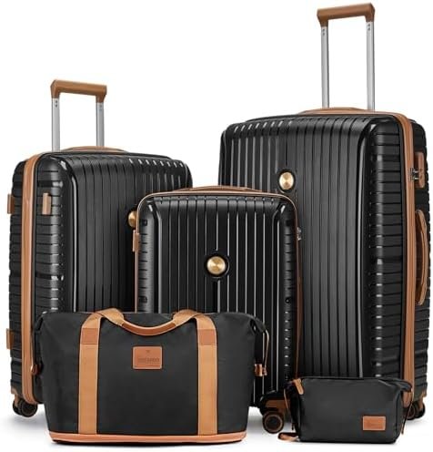 Joyway Luggage Sets 5 Piece Suitcase Set, PP Hardshell Carry on Suitcase Set, Travel Suitcases with Double Spinner Wheels and TSA Lock, Black Brown