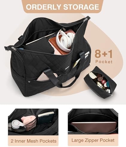 Marvolia Duffle Bag for Women - Quilted Duffel Bag for Travel Weekender Bag with Toiletry Bag Overnight Bag with Shoe Compartment Carry On Bag for Business Trips Sports - Black - Image 3