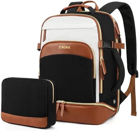 ETRONIK Travel Backpack for Women, Carry on Backpack Flight Approved with Shoe Compartment & Wet Pocket, Personal Item Travel Bags Fit 17.3" laptop, Travel Work Business Backpack, Beige-black-brown