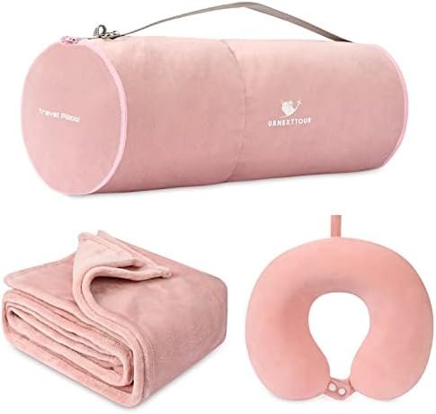 Travel Blanket and Pillow- Premium Soft Airplane Blanket with Durable Travel Bag, Hand Luggage Belt Compact Pack Large Blanket for Travel (Pink)