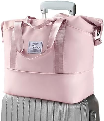 Travel Duffel Bag - Large Shoulder Weekender Overnight Bag, Carry on Bag with Wet Pocket, Waterproof Expandable Duffel Bag with Trolley Sleeve, Sports Tote Gym Bag for Women, Pink