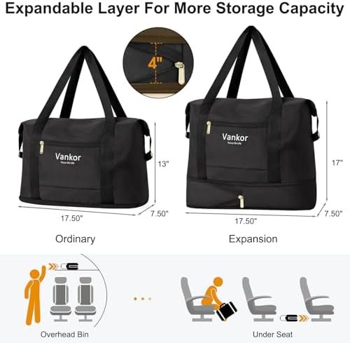 Vankor Expandable Travel Duffle Bag for Travel, Foldable Carry on Tote Bag Weekender Overnight Hosptital Bag for Men Women Lightweight Luggage Maternity Bag Black - Image 2