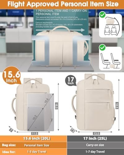Capolo Travel Backpack for Women Men Waterproof Laptop Backpack Airlines Approved Carry On Backpack Bag Computer Bookbag for Business, Work, Traveling Fits 15.6 Inch Laptop(Beige) - Image 6