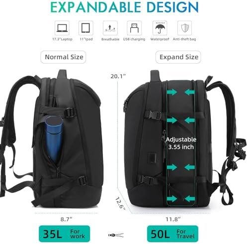 Travel Carry on Backpack 50L Expandable Flight Approved Backpacks 17.3 inch Laptop and USB Charging Port bags Water Resistant Business Back Pack for Women & Men - Image 4