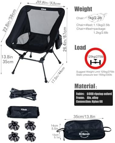 iClimb Ultralight Compact Camping Folding Beach Chair with Anti-Sinking Large Feet and Back Support Webbing (Black - Square Frame) - Image 3