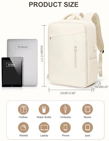 Carry On Backpack for Women Men, 15.6 Inch Laptop Travel Backpack with USB Charging Port, Waterproof Personal Item Backpack Flight Approved, Casual Daypack Backpacks for College Work, Beige - Image 4