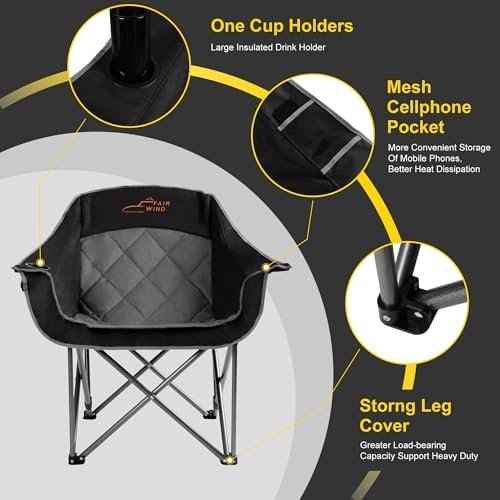 FAIR WIND 2 Pack Oversized Padded Camping Chair Heavy Duty Quad Fold Arm Chair Portable for Outdoor - Support 450LBS, Black - Image 5