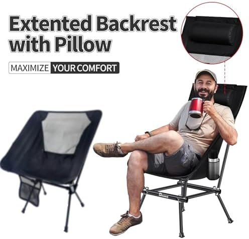Camping Chair, Patented for Invention, Backpack, Compact Portable Folding Chair, Outdoor Camp, Lawn, Beach High Back Chair with Side Pocket, Lightweight Hiking Chair WB-ZZ (Black) - Image 3