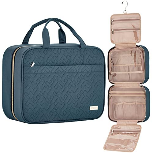 NISHEL Travel Toiletry Bag for women, Portable Hanging Organizer for Full-Sized Shampoo, Conditioner, Brushes Set, Makeup Accessories, Large Size, Lake-Blue