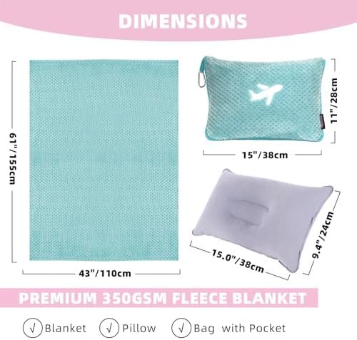 3 in 1 Travel Blanket Pillow Set - 350 GSM Thick Travel Blanket Airplane Compact with Bag, Soft Bag with a Pocket, Inflatable Travel Pillow for Camping & Car Trip(Mint Green) - Image 6