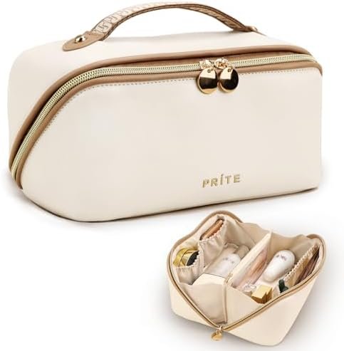 Prite Large Capacity Cosmetic Bag for Women Portable Waterproof PU Leather Makeup Bag Open Flat Makeup Organizer With Clear Divider and Handle(Beige)