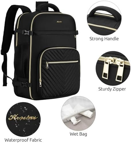 Travel Backpack for Women, Carry On Backpack for Airplanes Flight Approved, Waterproof Large Weekender Overnight Bag Fit 17 Inch Laptop with USB Charging Port, Black - Image 4