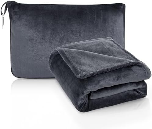 ATsense Travel Blanket Pillow, Premium 2 in 1 Soft Airplane Blanket Compact with Bag Pillowcase, Hand Luggage Sleeve and Backpack Clip - Travel Essentials for Long Trips, Flying and Car, Dark Grey