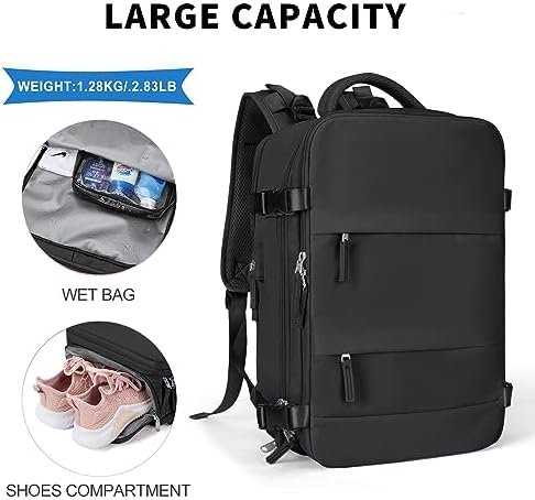 coowoz Large Travel Backpack For Women Men,Carry On Backpack Flight Approved,Hiking Backpack Waterproof Outdoor Sports Rucksack Casual Daypack Fit 15.6 Inch Laptop Shoes Compartment (Black) - Image 3