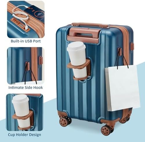 imiomo Luggage Sets 4 Piece Expandable Suitcase Set,Hardside Carry on Luggage with USB Port Cup Holder,Travel Luggage Spinner Suitcases with Wheels TSA Lock, Dark Blue Brown - Image 4