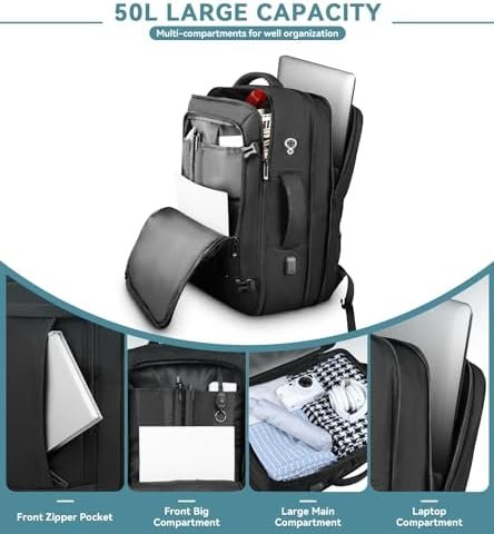 Travel Backpack, Extra Large Backpack, Carry On Backpack, Expandable Airline Approved Water Resistant Business Luggage Suitcase Daypack Bag Fits 17 Inch Laptops, Travel Gifts for Men Women, Black - Image 4