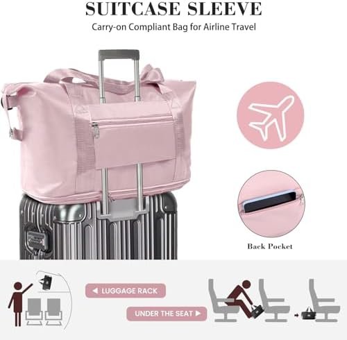 Travel Duffel Bag - Large Shoulder Weekender Overnight Bag, Carry on Bag with Wet Pocket, Waterproof Expandable Duffel Bag with Trolley Sleeve, Sports Tote Gym Bag for Women, Pink - Image 4