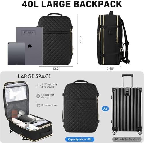 Travel Backpack for Women, Flight Approved Carry On Backpack, Large 40L Suitcase Backpacks Waterproof Luggage Bag Weekender Daypack Fit 17 Inch Laptop, Black - Image 3