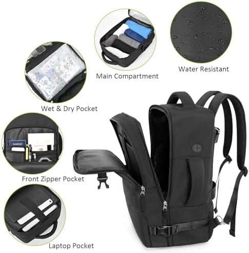 Travel Laptop Backpack, Carry On Backpack for Men Women Airline Approved, Large Waterproof College Business Work Hiking Casual Daypack Bag, Fits 16" Laptop, Black - Image 4