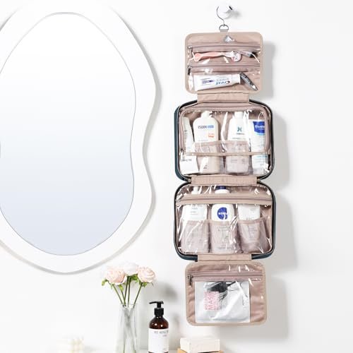 NISHEL Travel Toiletry Bag for women, Portable Hanging Organizer for Full-Sized Shampoo, Conditioner, Brushes Set, Makeup Accessories, Large Size, Lake-Blue - Image 2