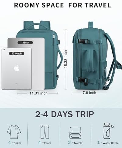 Travel Backpack for Women Men, Carry On Backpack with USB Charging Hole, 17 Inch Laptop Backpack Flight Approved Luggage, Large Waterproof Personal Item Bag for Weekender, Travel, College, Blue - Image 4