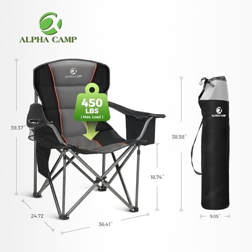 ALPHA CAMP Oversized Camping Folding Chair, Heavy Duty Support 450 LBS Steel Frame Collapsible Padded Arm Chair with Cup Holder Quad Lumbar Back, Portable for Outdoor - Image 2