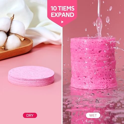 50-Count Compressed Facial Sponges for Daily Facial Cleansing and Exfoliating, 100% Natural Cosmetic Spa Sponges for Makeup Remover, Reusable, Pink - Image 4