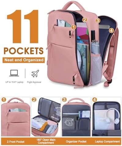 Capolo Travel Backpack for Women Men Waterproof Laptop Backpack Airlines Approved Carry On Backpack Bag Computer Bookbag for Business, Work, Traveling Fits 15.6 Inch Laptop(Pink) - Image 3