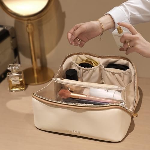 Prite Large Capacity Cosmetic Bag for Women Portable Waterproof PU Leather Makeup Bag Open Flat Makeup Organizer With Clear Divider and Handle(Beige) - Image 4