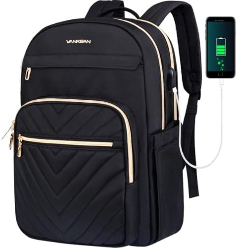 VANKEAN 15.6 Inch Laptop Backpack for Women Men Work Bag Fashion with USB Port, Waterproof Backpacks Nurse Stylish Travel Bags Casual Daypacks for College, Business, Black
