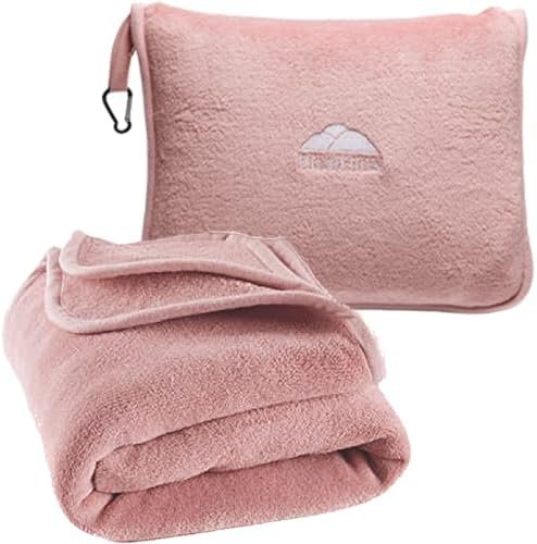 BlueHills Premium Soft Long Travel Blanket Pillow for Tall Airplane Flight Blanket 70 X48 inch Throw in Soft Bag case with Hand Luggage Belt & Backpack Clip Compact Pack Large Blanket Pink T055
