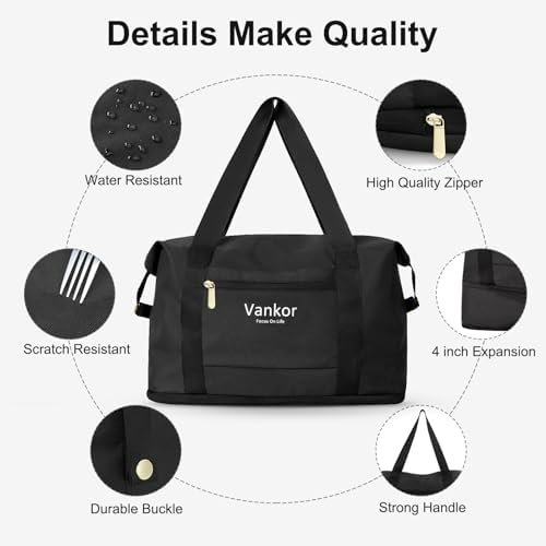 Vankor Expandable Travel Duffle Bag for Travel, Foldable Carry on Tote Bag Weekender Overnight Hosptital Bag for Men Women Lightweight Luggage Maternity Bag Black - Image 3