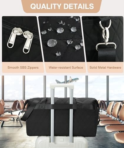 Marvolia Duffle Bag for Women - Quilted Duffel Bag for Travel Weekender Bag with Toiletry Bag Overnight Bag with Shoe Compartment Carry On Bag for Business Trips Sports - Black - Image 6
