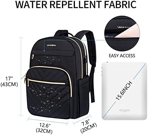 VANKEAN 15.6 Inch Laptop Backpack for Women Men Work Bag Fashion with USB Port, Waterproof Backpacks Nurse Stylish Travel Bags Casual Daypacks for College, Business, Black - Image 2