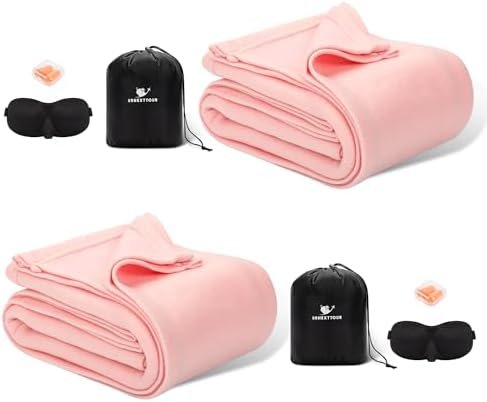 Travel Blanket Airplane Compact with Bag Throw Blankets with Sleep Masks, Earplugs, and Storage Bags for Camping Home Office 50" x 60" 2-Pack Pink