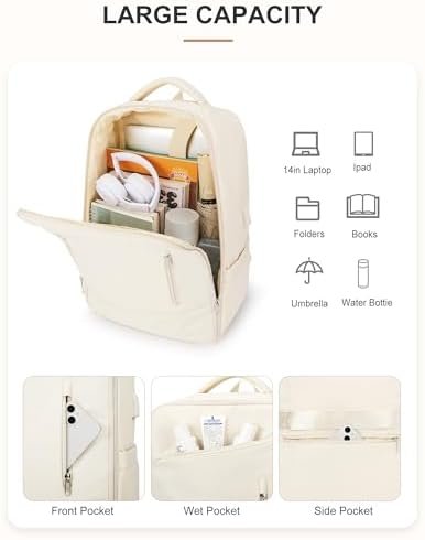 Carry On Backpack for Women Men, 15.6 Inch Laptop Travel Backpack with USB Charging Port, Waterproof Personal Item Backpack Flight Approved, Casual Daypack Backpacks for College Work, Beige - Image 5