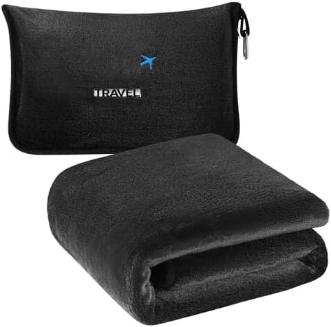 2 in 1 Travel Blanket with Bag Neck Pillow Camping Gear Roadtrip Essentials Headrest Car Trailer Accessories Road Trip Necessities Rv Must Haves Pop Camper Stuff Hiking Item Gadget Gift