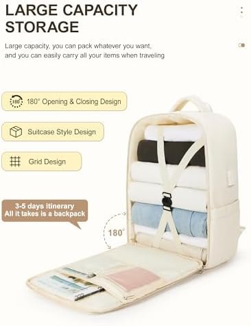 Carry On Backpack for Women Men, 15.6 Inch Laptop Travel Backpack with USB Charging Port, Waterproof Personal Item Backpack Flight Approved, Casual Daypack Backpacks for College Work, Beige - Image 3