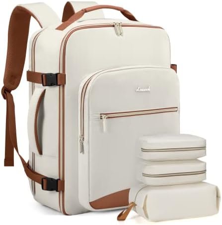 LOVEVOOK Travel Backpack Women, Flight Approved Carry On with 17.3inch Laptop Compartment, Personal Item with 3 Packing Cubes, Perfect for College, Hiking, Overnight - Beige