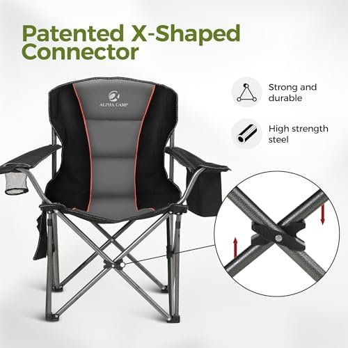 ALPHA CAMP Oversized Camping Folding Chair, Heavy Duty Support 450 LBS Steel Frame Collapsible Padded Arm Chair with Cup Holder Quad Lumbar Back, Portable for Outdoor - Image 8