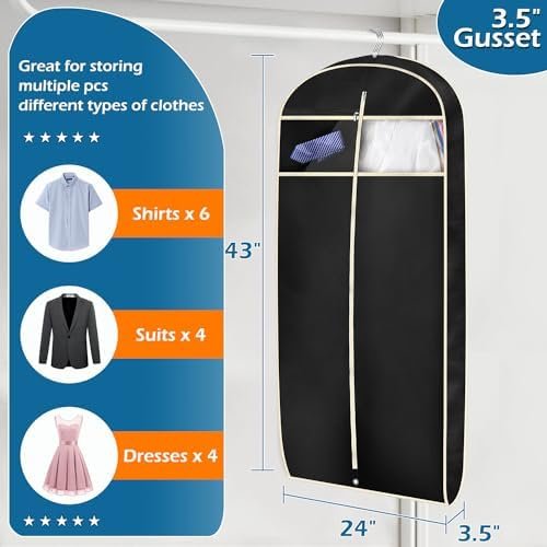 MISSLO 43" Gusseted Travel Garment Bag with Accessories Zipper Pocket Breathable Suit Garment Cover for Shirts Dresses Coats, Black - Image 3