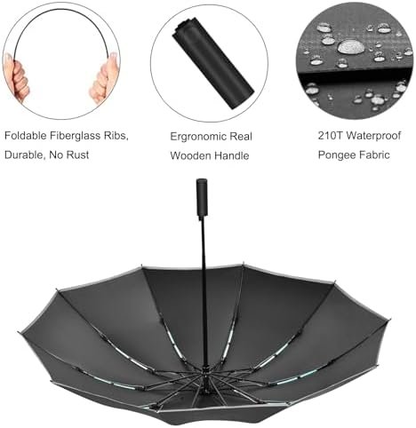 Windproof Travel Umbrella, Rain Sun and UV Resistant Auto Open Close Compact Portable Folding Umbrella for Car, Backpack, Men and Women, Black - Image 3