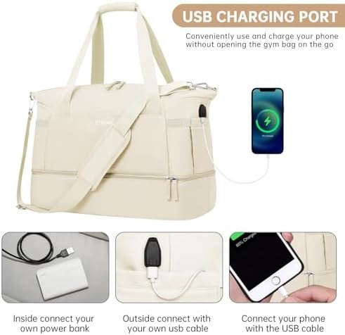 ETRONIK Gym Bag for Women, Personal Item Travel Duffel Bag with Shoes Compartment, Weekender Overnight Bag with Wet Pocket & USB Charging Port, Carry On Bag for Women, Travel, Gym, Weekend (Beige) - Image 5