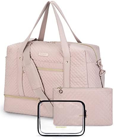 BAGSMART Travel Duffle Bag 3 Pcs Set Weekender Overnight Bag for Women with Makeup Bag & Clear Toiletry Bag, Carry On Bag with Shoe Compartment for Travel, Business Trips(Pink)