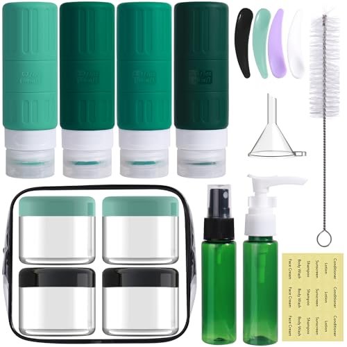 GLAMFIELDS Travel Bottles for Toiletries,TSA Approved 3.3oz Size LeakProof Silicone Toiletry Containers for Shampoo, Conditioner,Easy to Squeeze,Portable Travel Essentials for Lotion(18 Pack) Green