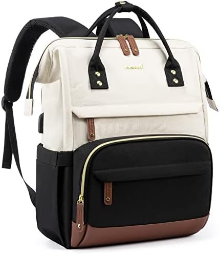 LOVEVOOK Laptop Backpack for Women, 15.6 Inch Work Business Backpacks Purse with USB Port, Large Capacity Nurse Bag College Bookbag for School, Waterproof Casual Daypack for Travel,Black-White-Brown