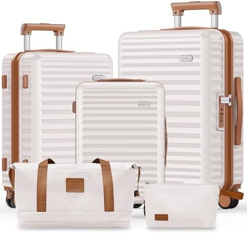 SHOWKOO Luggage Sets 3 Piece Hardside Expandable Suitcase with Double Spinner Wheels Tsa Lock, (Beige White, 5 piece set)