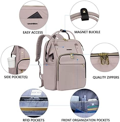 VANKEAN 15.6-16.2 Inch Laptop Backpack Carry On for Women Computer Work Backpack, Water Proof College Daypack with USB Port RFID Pocket, Business Travel Light Dusty Pink - Image 5