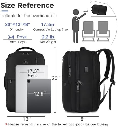 MATEIN Carry on Backpack, Extra Large 40L Flight Approved Travel Laptop Backpack with USB Port, 17 Inch Water Resistant Luggage Computer Daypack College Overnight Weekender Bag for Men & Women, Black - Image 6