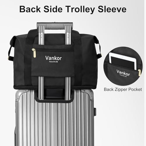 Vankor Expandable Travel Duffle Bag for Travel, Foldable Carry on Tote Bag Weekender Overnight Hosptital Bag for Men Women Lightweight Luggage Maternity Bag Black - Image 4